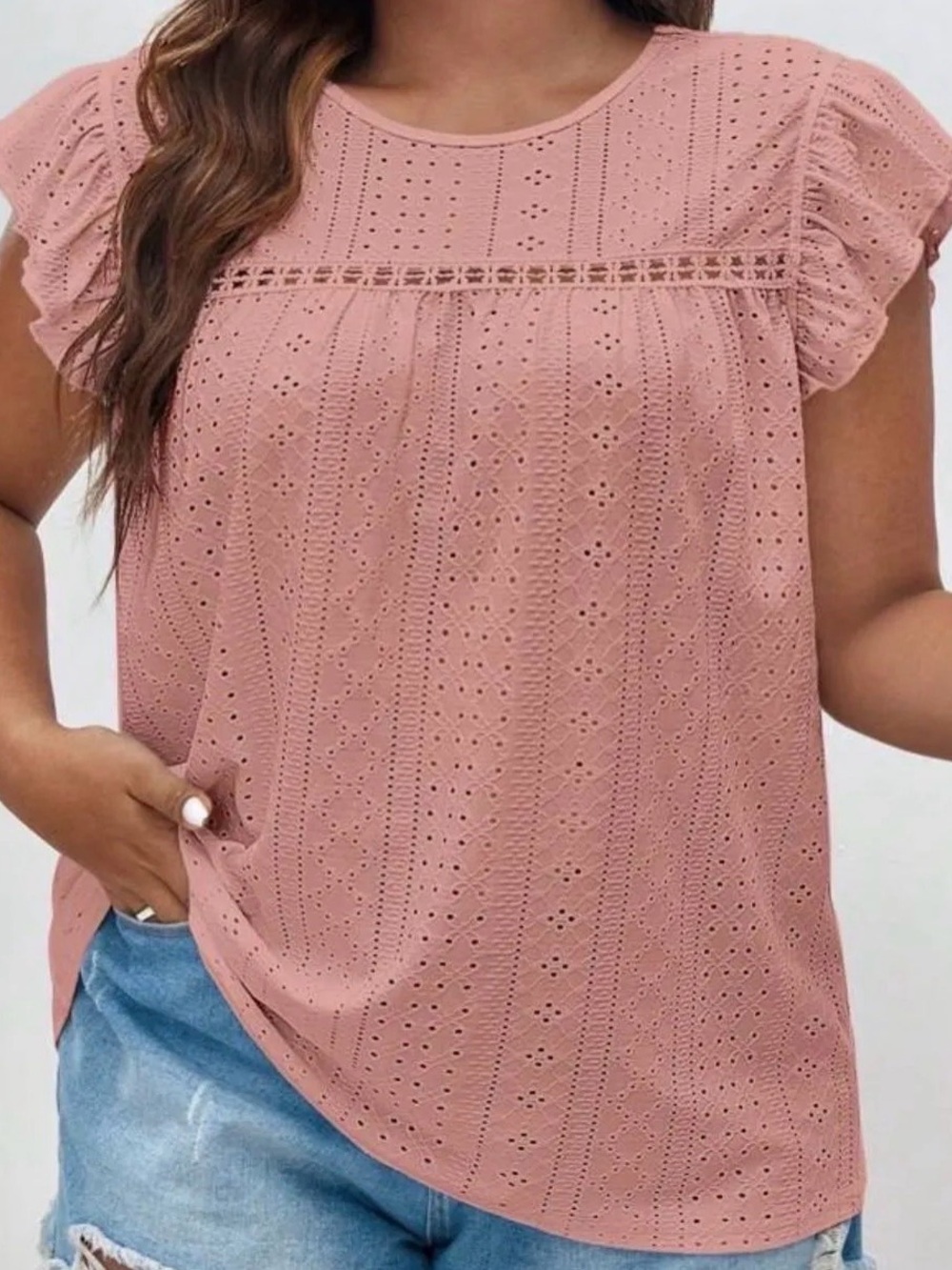 SHEIN Pink Eyelet Flutter Sleeve Blouse